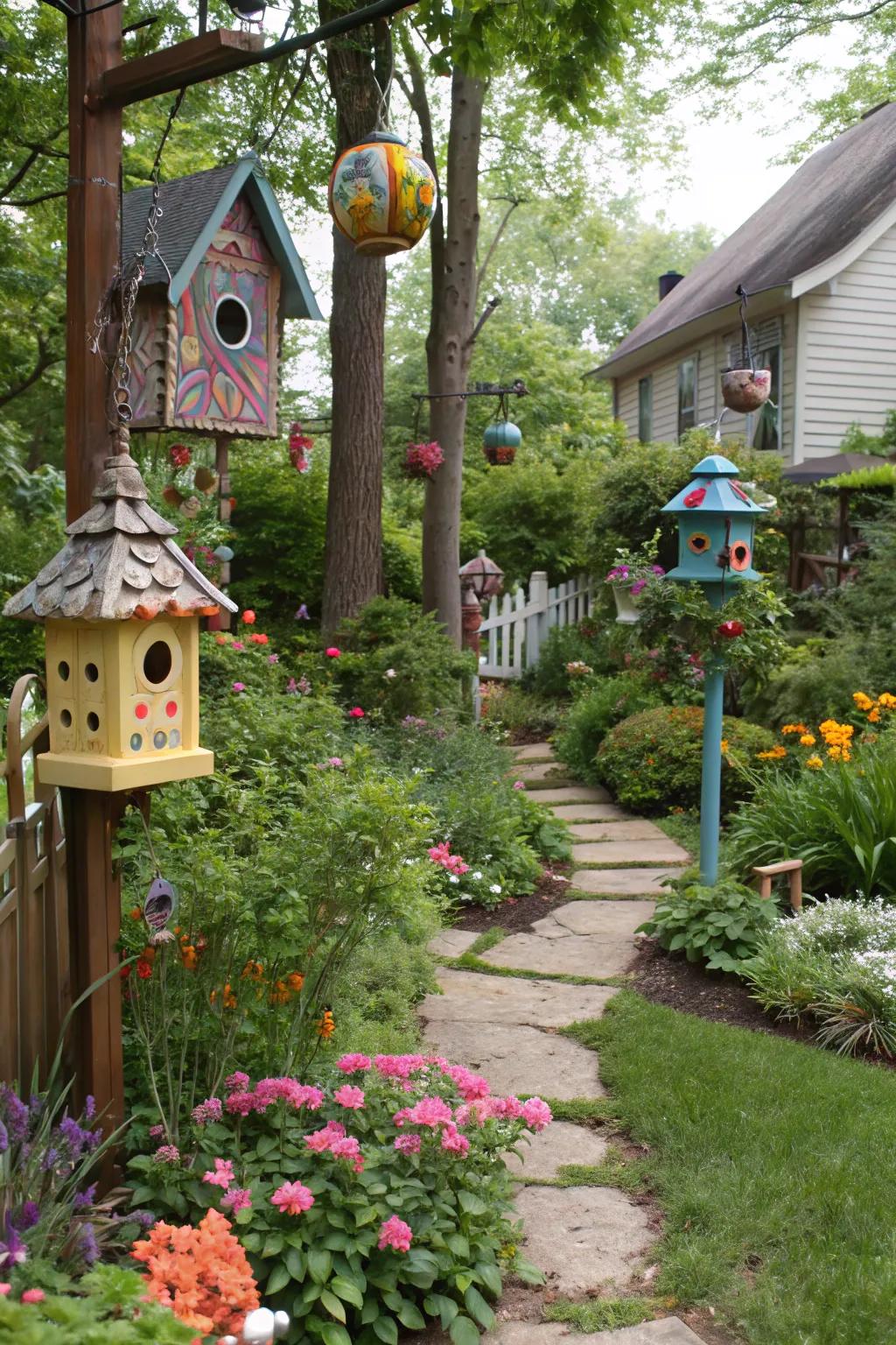 Whimsical garden ornaments adding charm to a Southwest Florida garden.