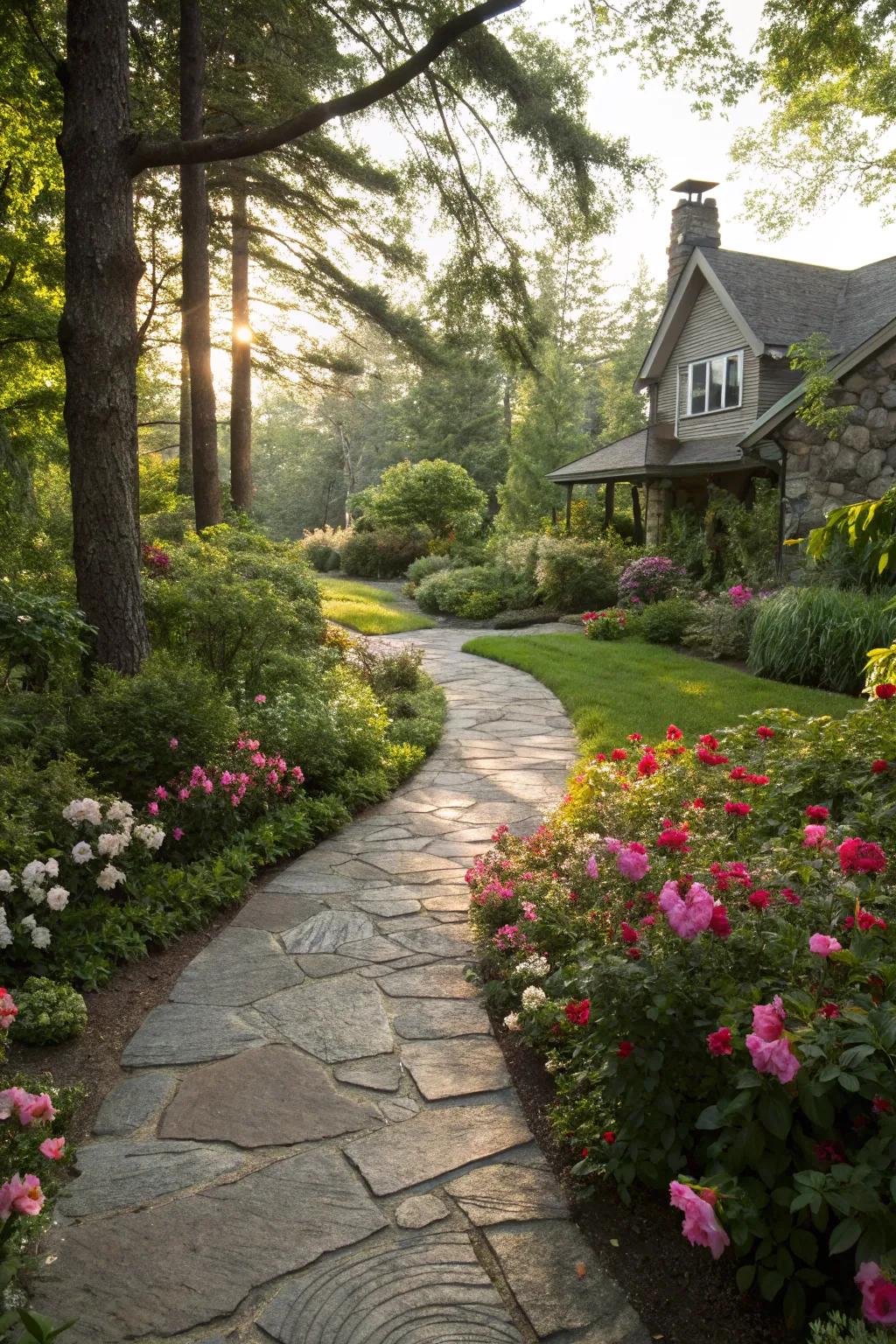 A charming stone pathway leading through a lush Southwest Florida garden.