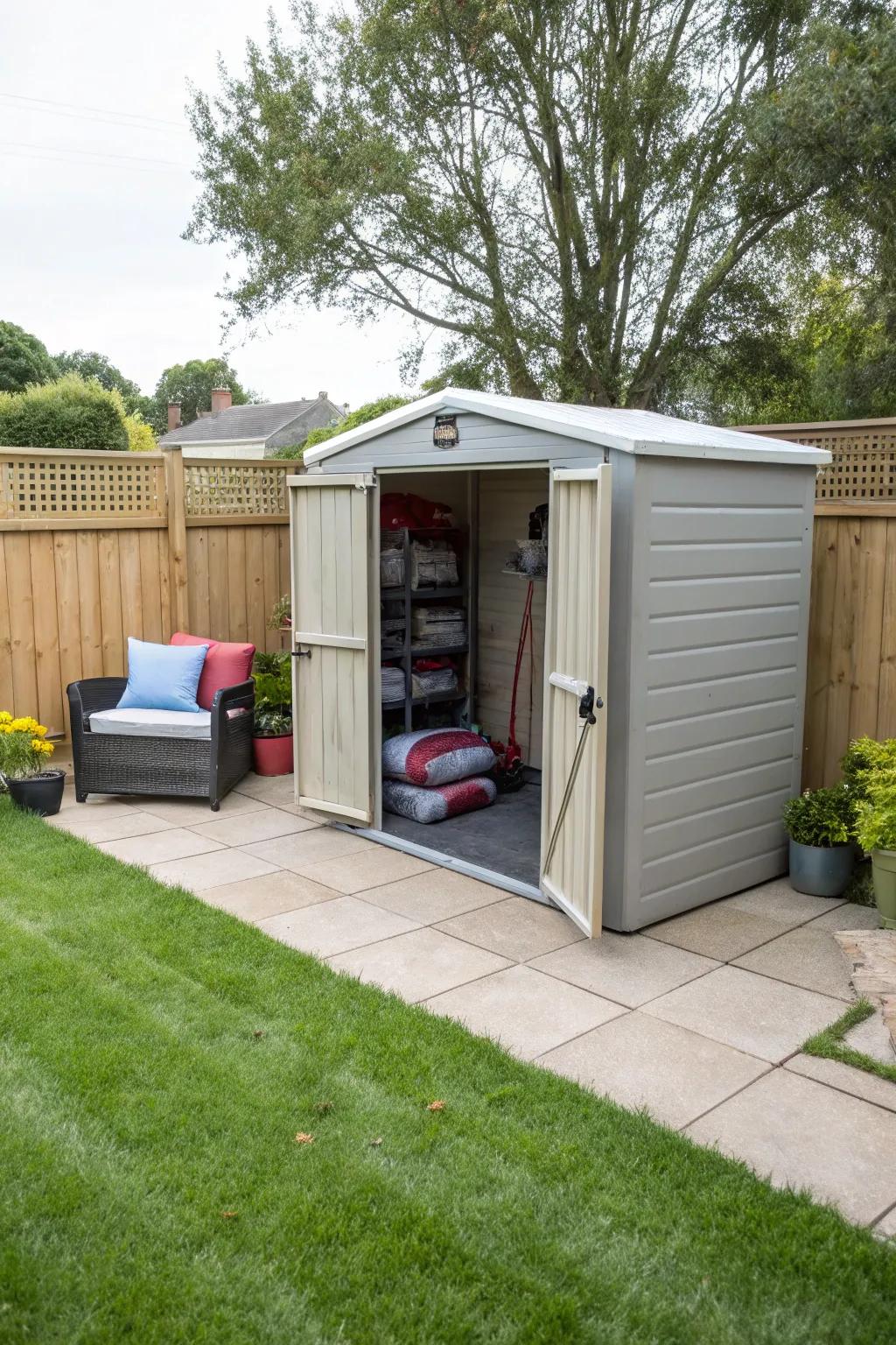Plastic storage sheds offer ample protection and space for cushions.