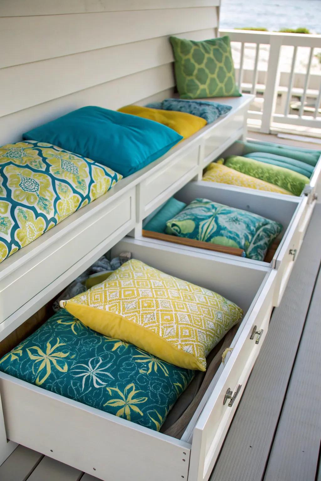 Under-deck storage drawers utilize space efficiently for cushion storage.