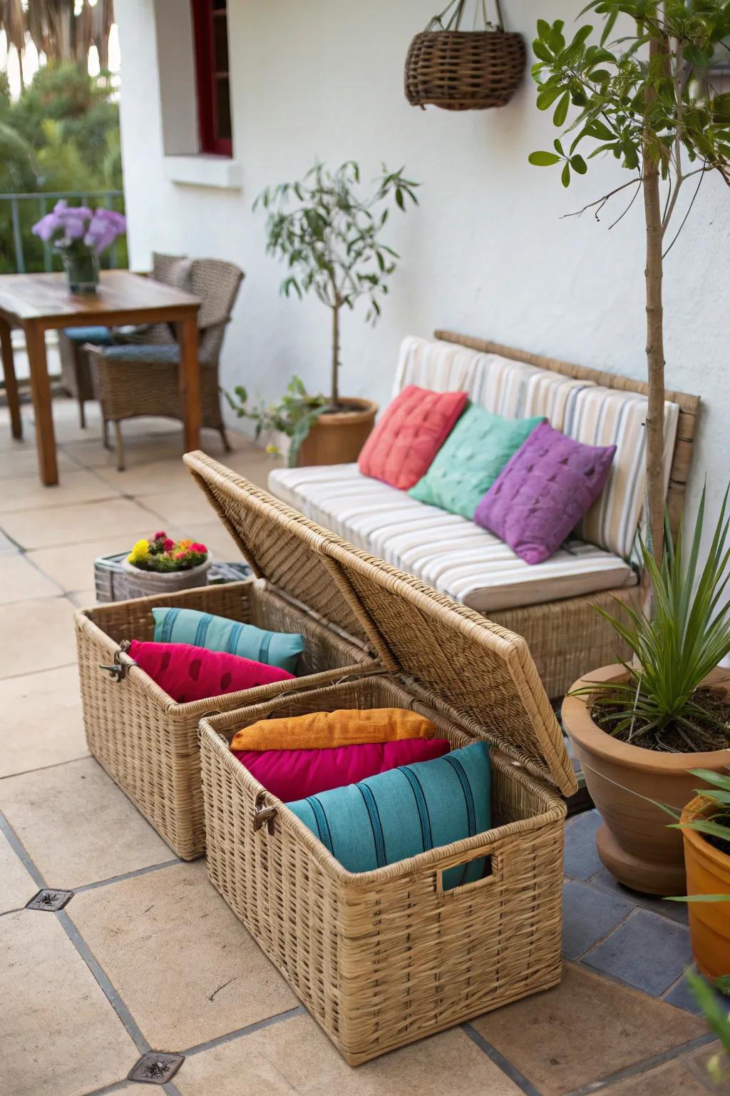 Rattan baskets add a natural touch while storing cushions stylishly.
