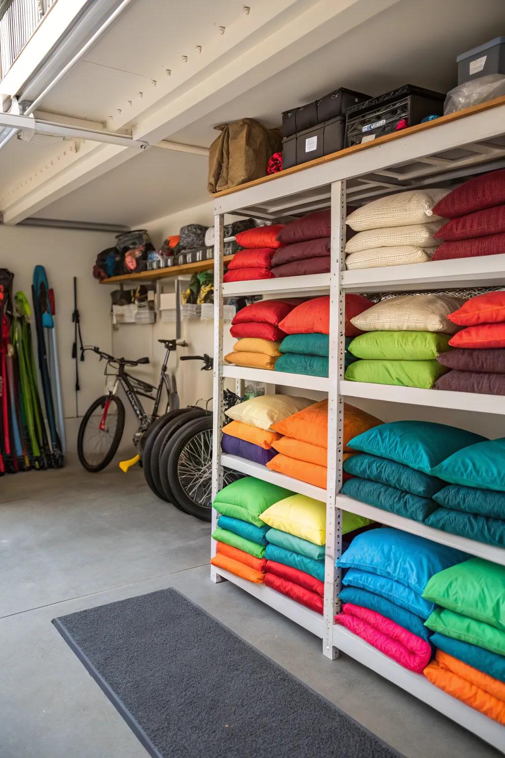 Shelves in a garage offer organized and elevated cushion storage.
