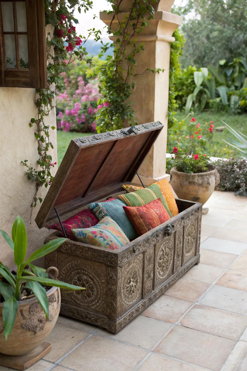 Decorative trunks add vintage flair and practical storage for cushions.