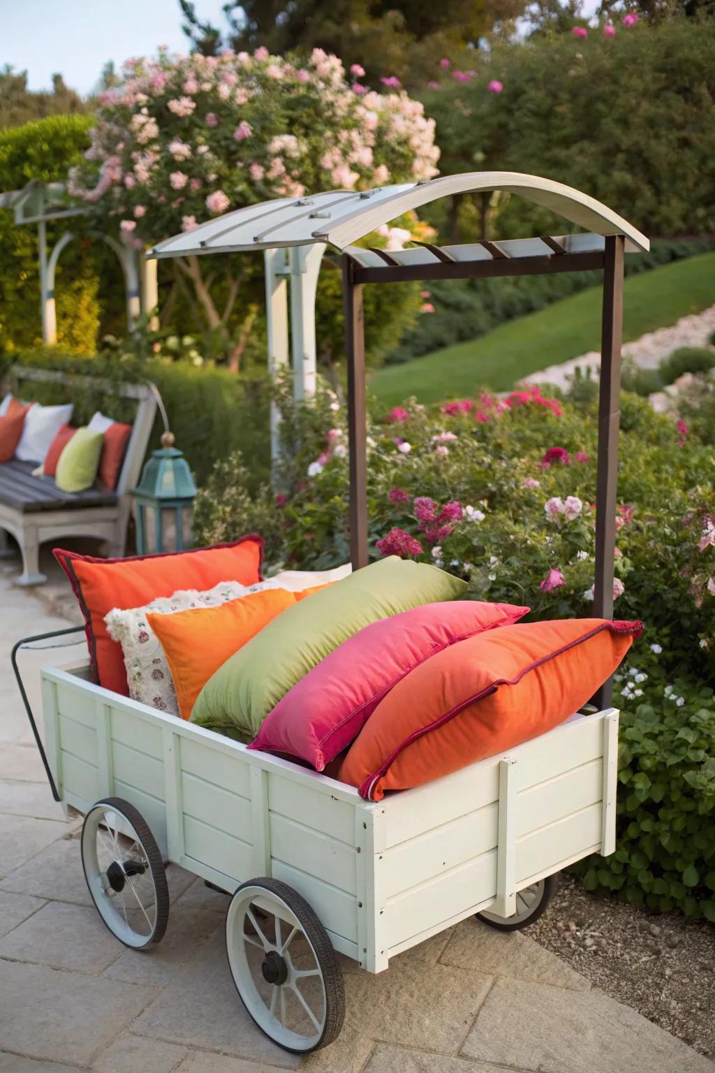 Repurposed garden carts offer mobile and whimsical cushion storage.
