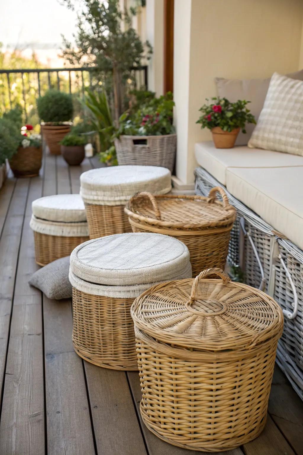Wicker baskets add rustic charm and practical storage for cushions.