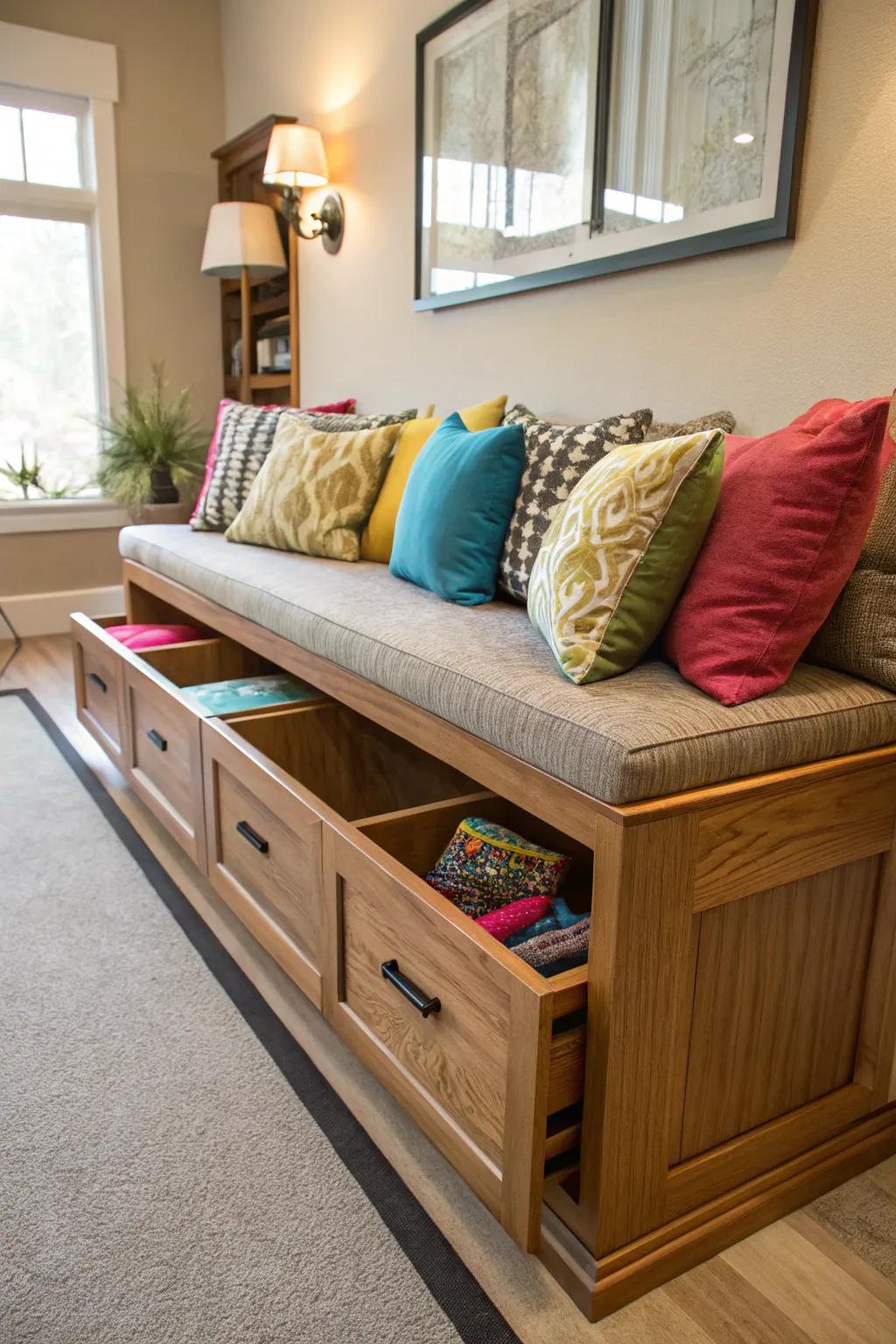 Built-in benches provide seating and hidden storage for cushions.