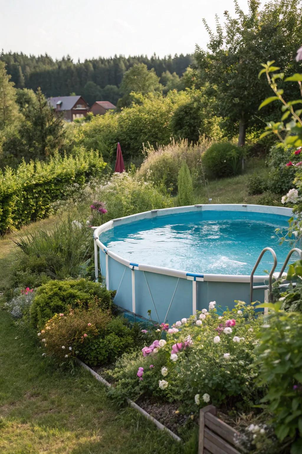 A nature-inspired pool oasis with lush greenery.