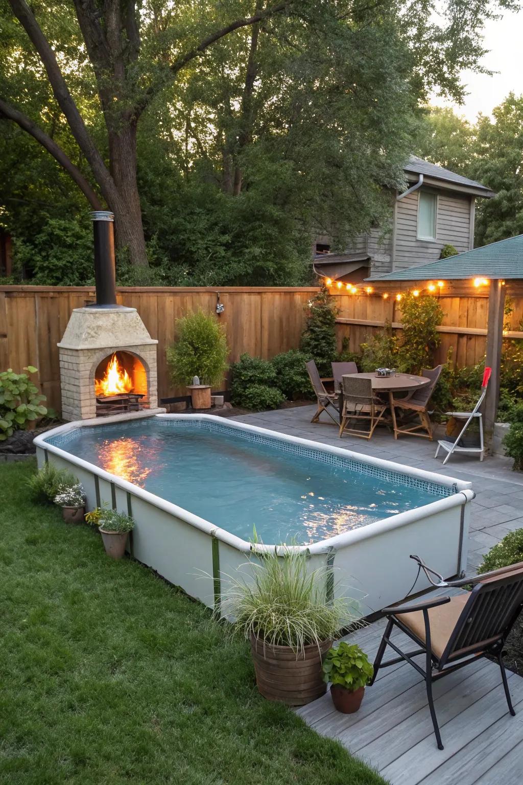 A pool paired with a fireplace for ultimate relaxation.