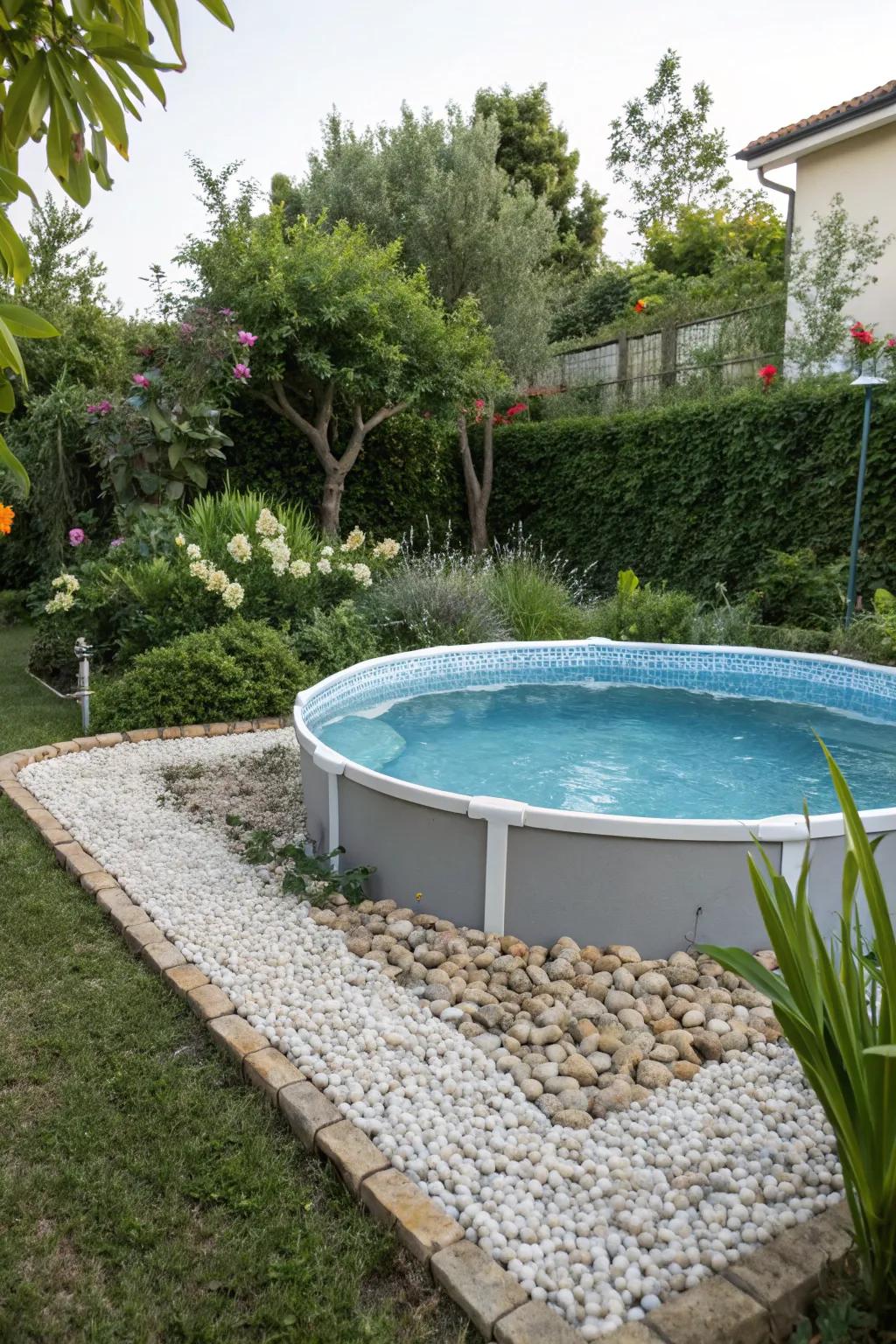 A beautifully bordered pool with functional gravel landscaping.