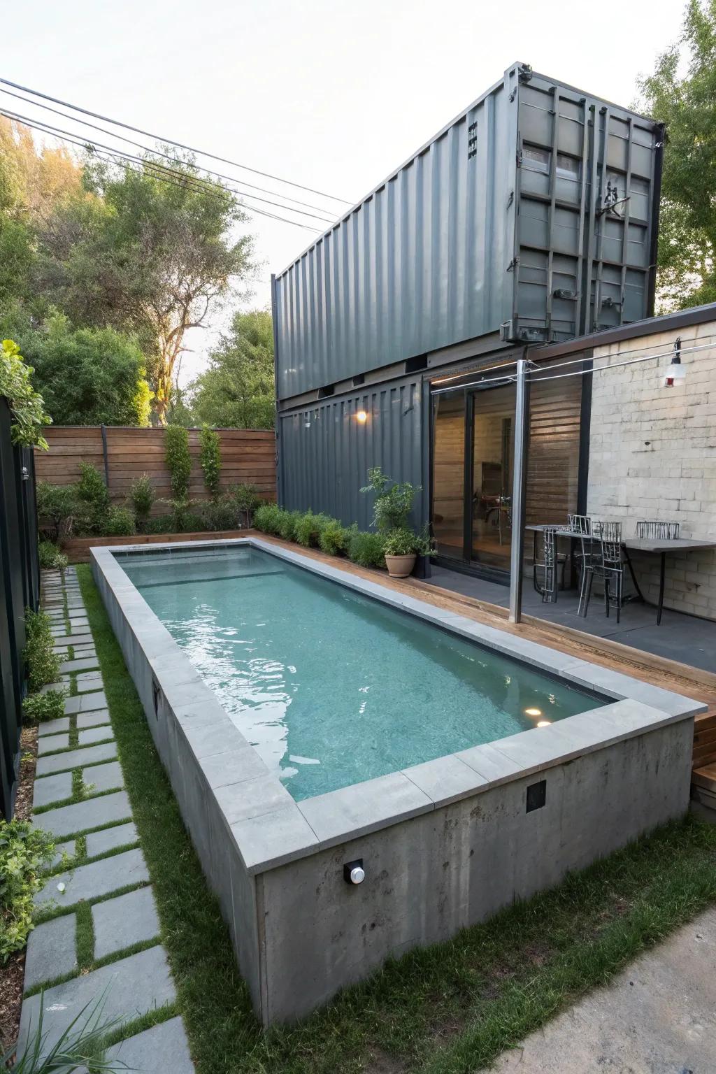 A chic pool crafted from a repurposed shipping container.