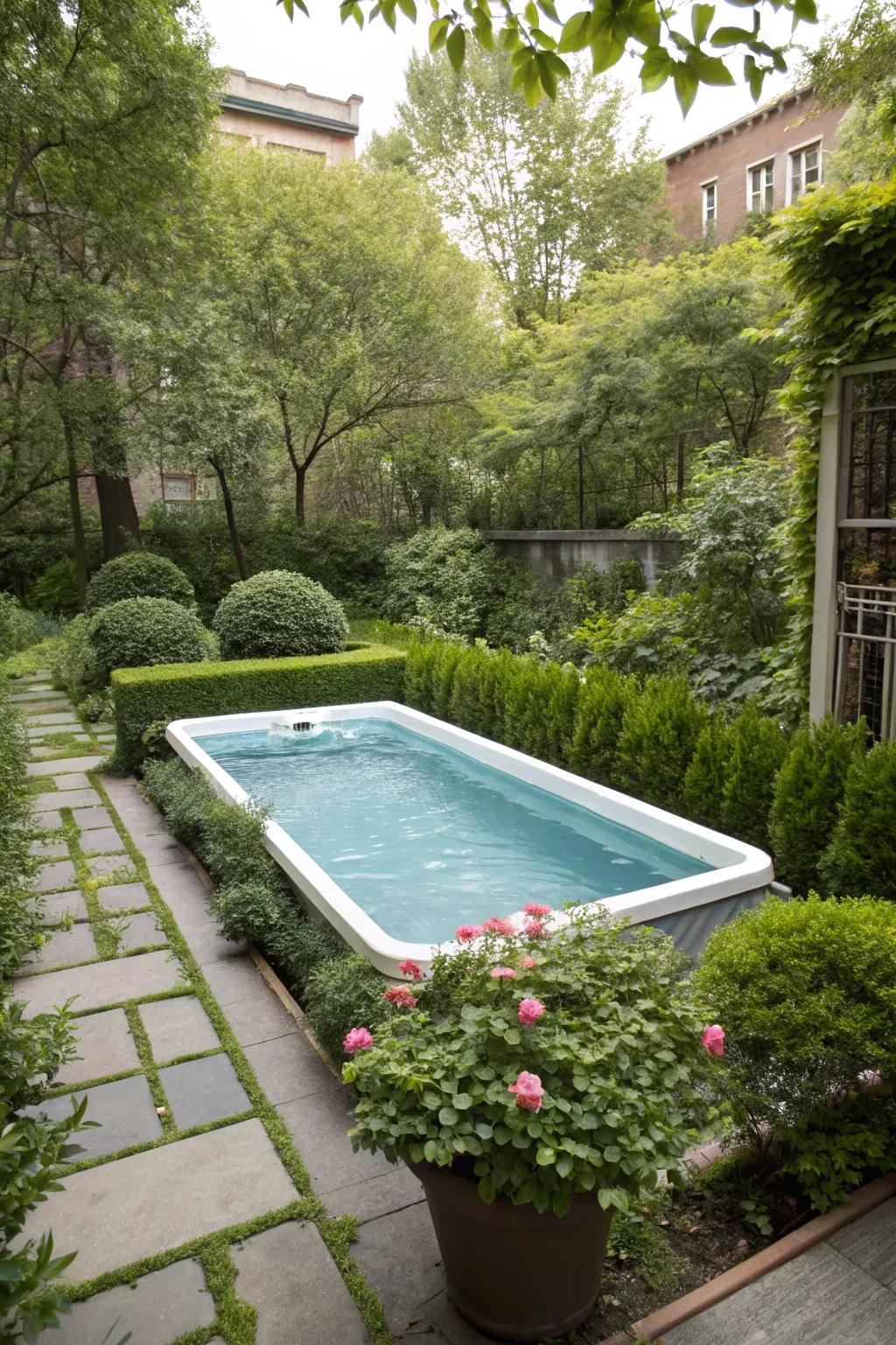 A compact pool perfectly nestled in a small urban garden.