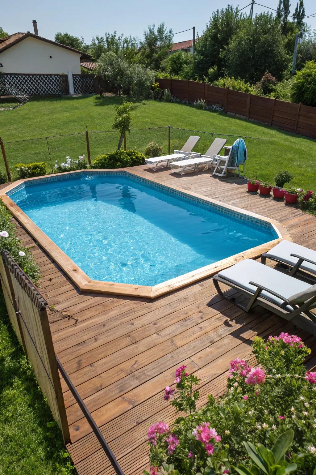 A decked pool area perfect for sunbathing and relaxation.