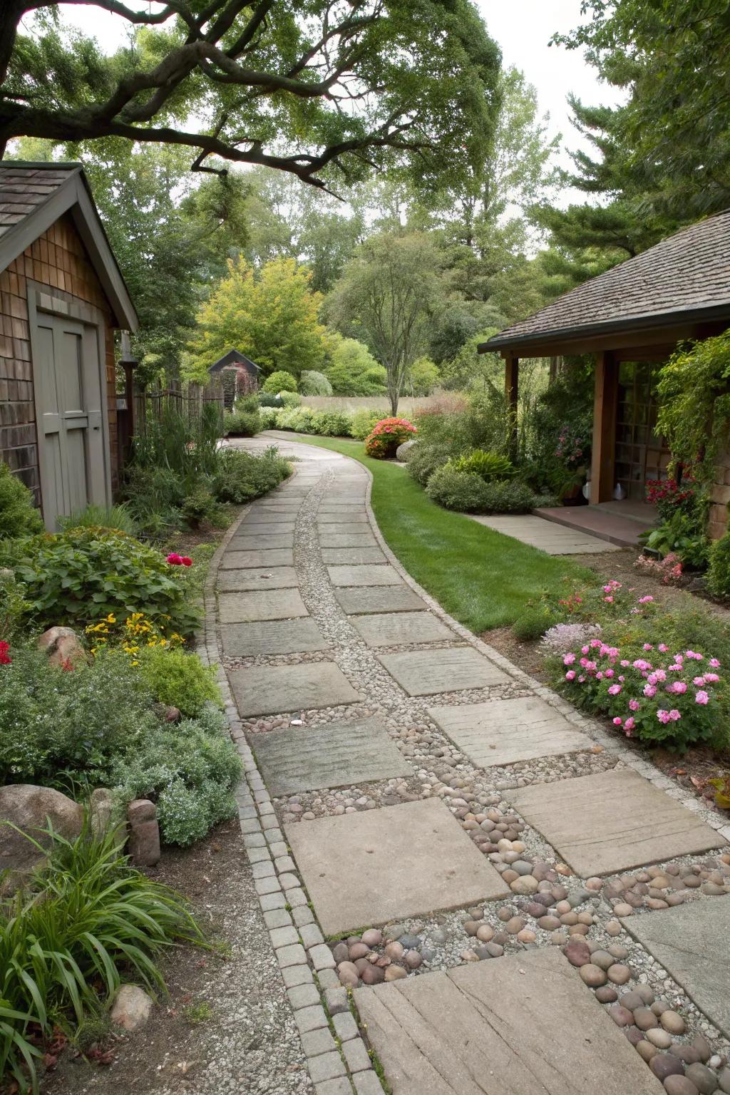Mixed materials create a visually interesting and textured driveway.