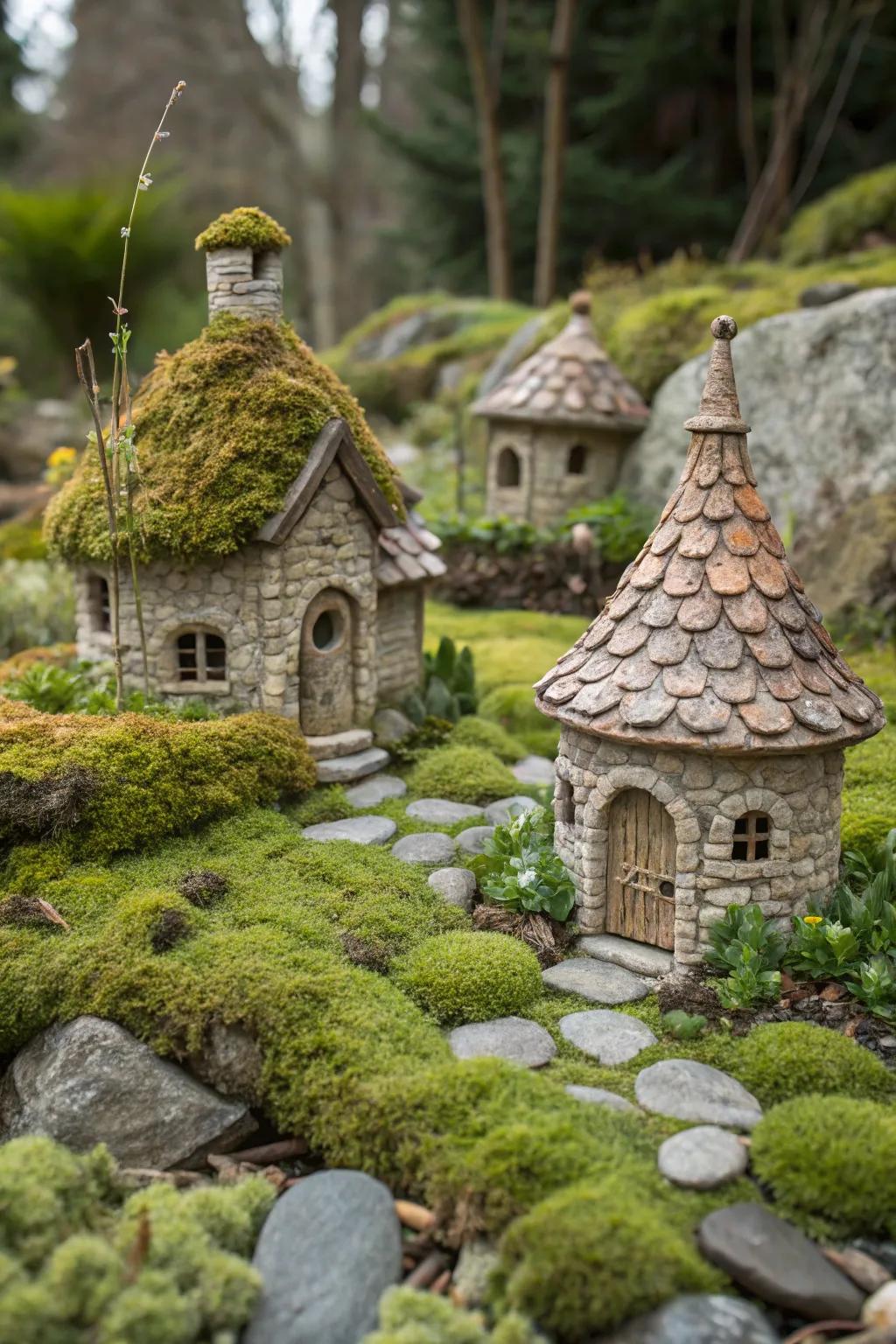 Stone houses with moss roofs create an enchanting fairy habitat.