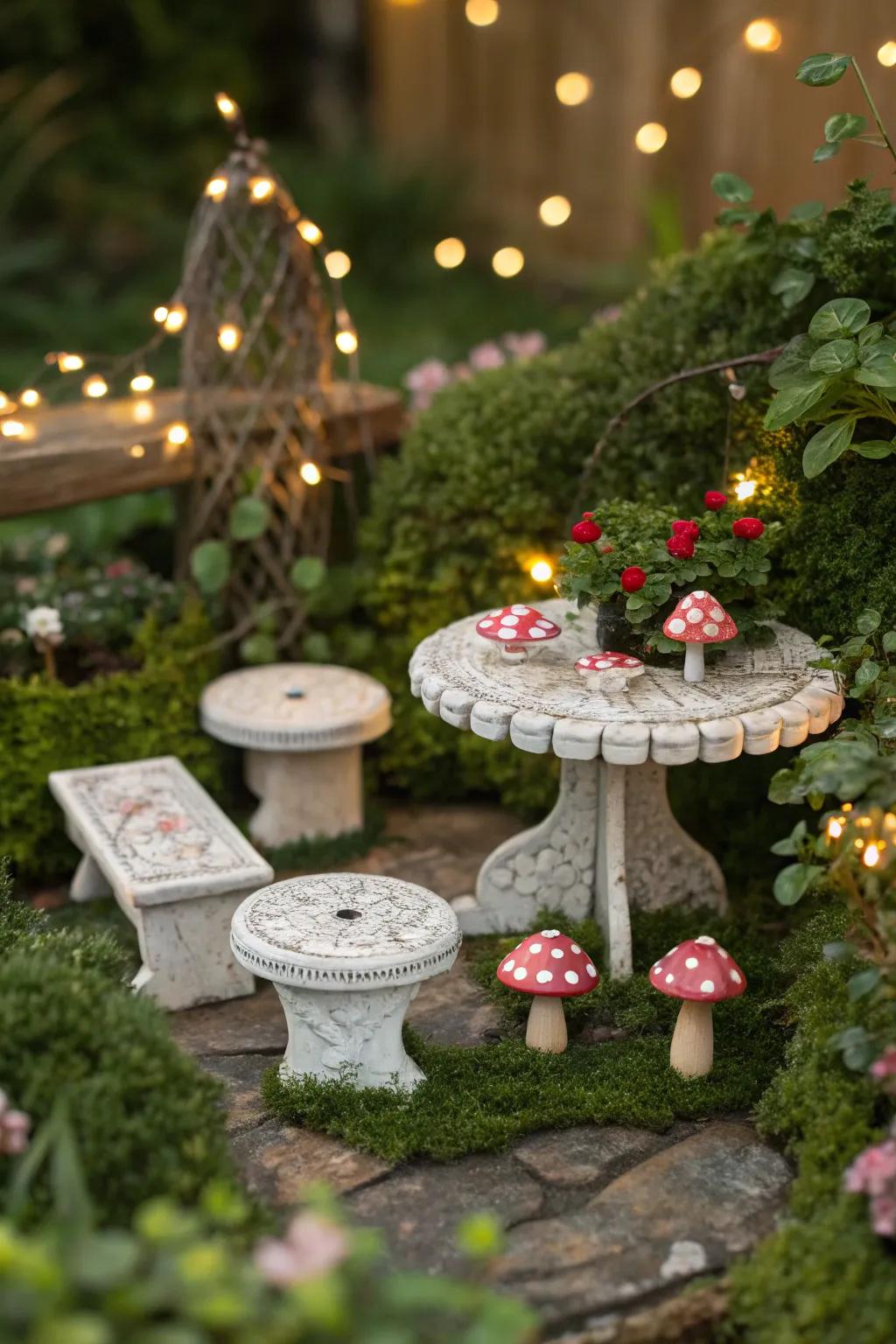 Miniature furniture creates cozy retreats for garden fairies.