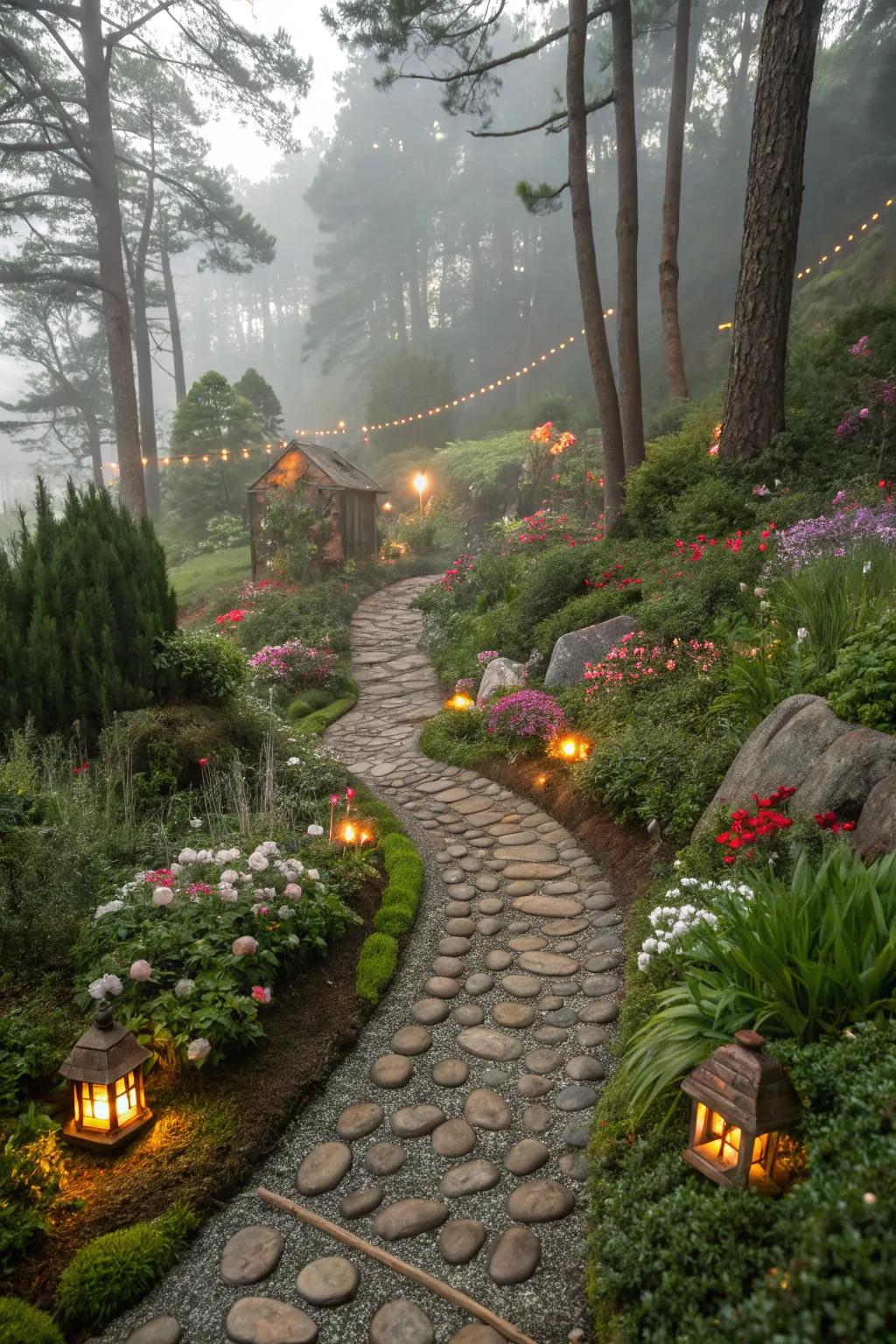 Pebble pathways add a whimsical touch to any fairy landscape.