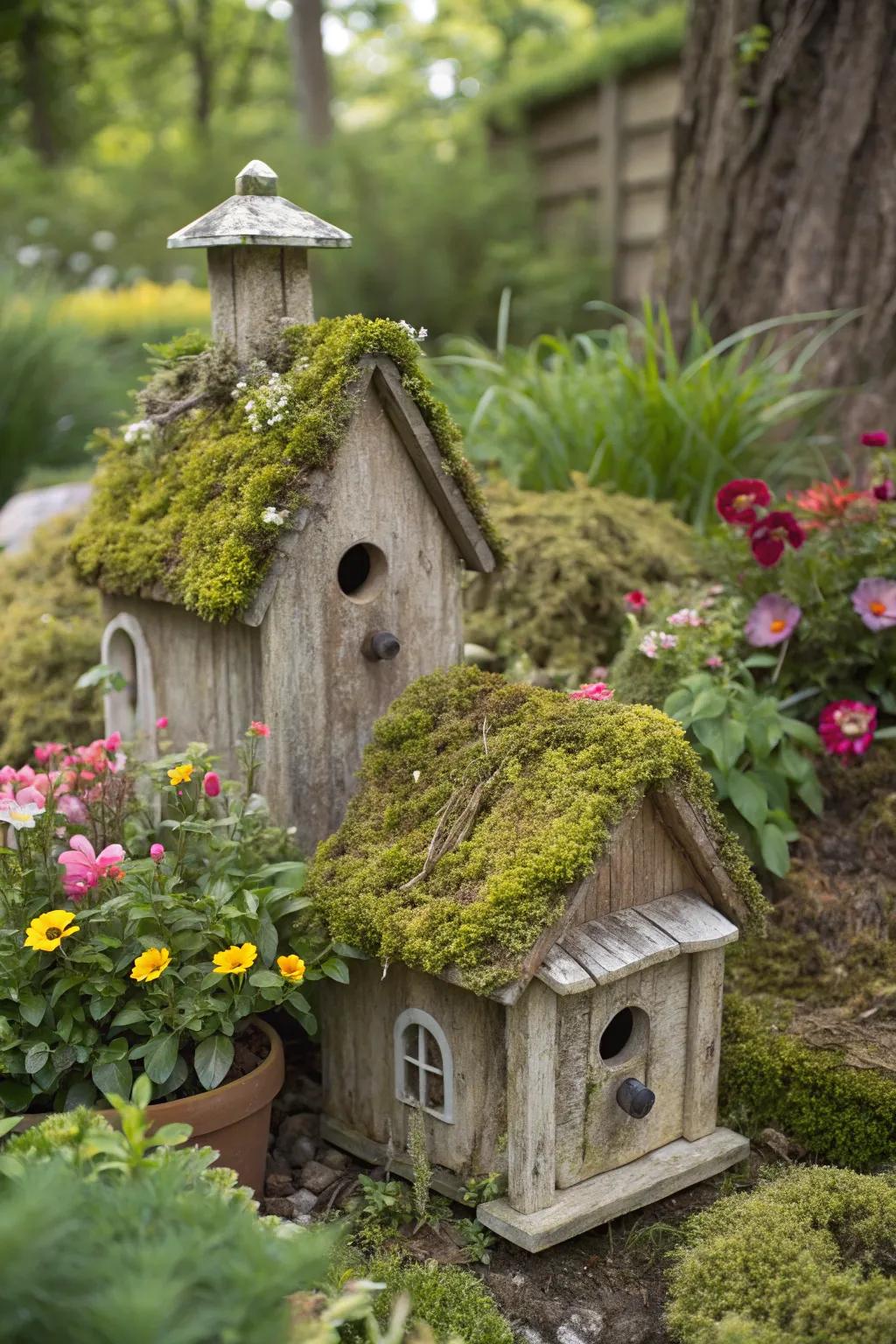 Birdhouses repurposed as fairy homes add rustic charm.