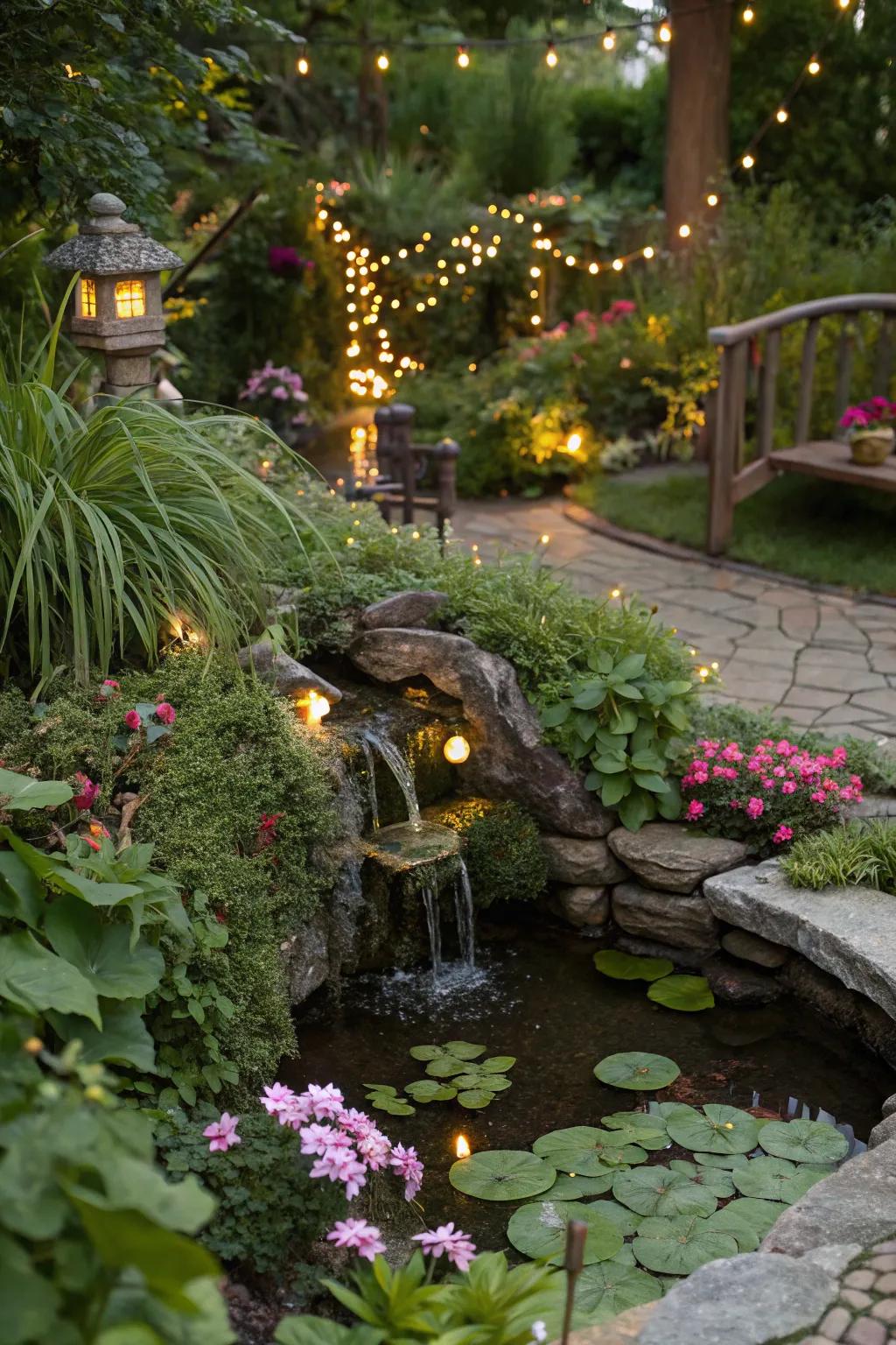 Water features add tranquility and sound to fairy gardens.