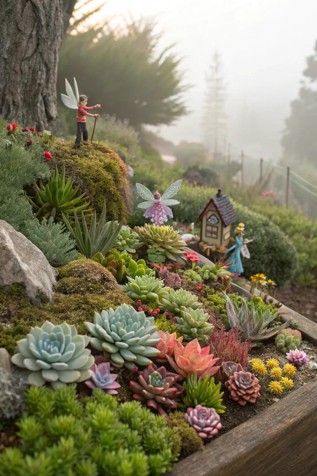 Succulents add a modern twist to fairy garden designs.
