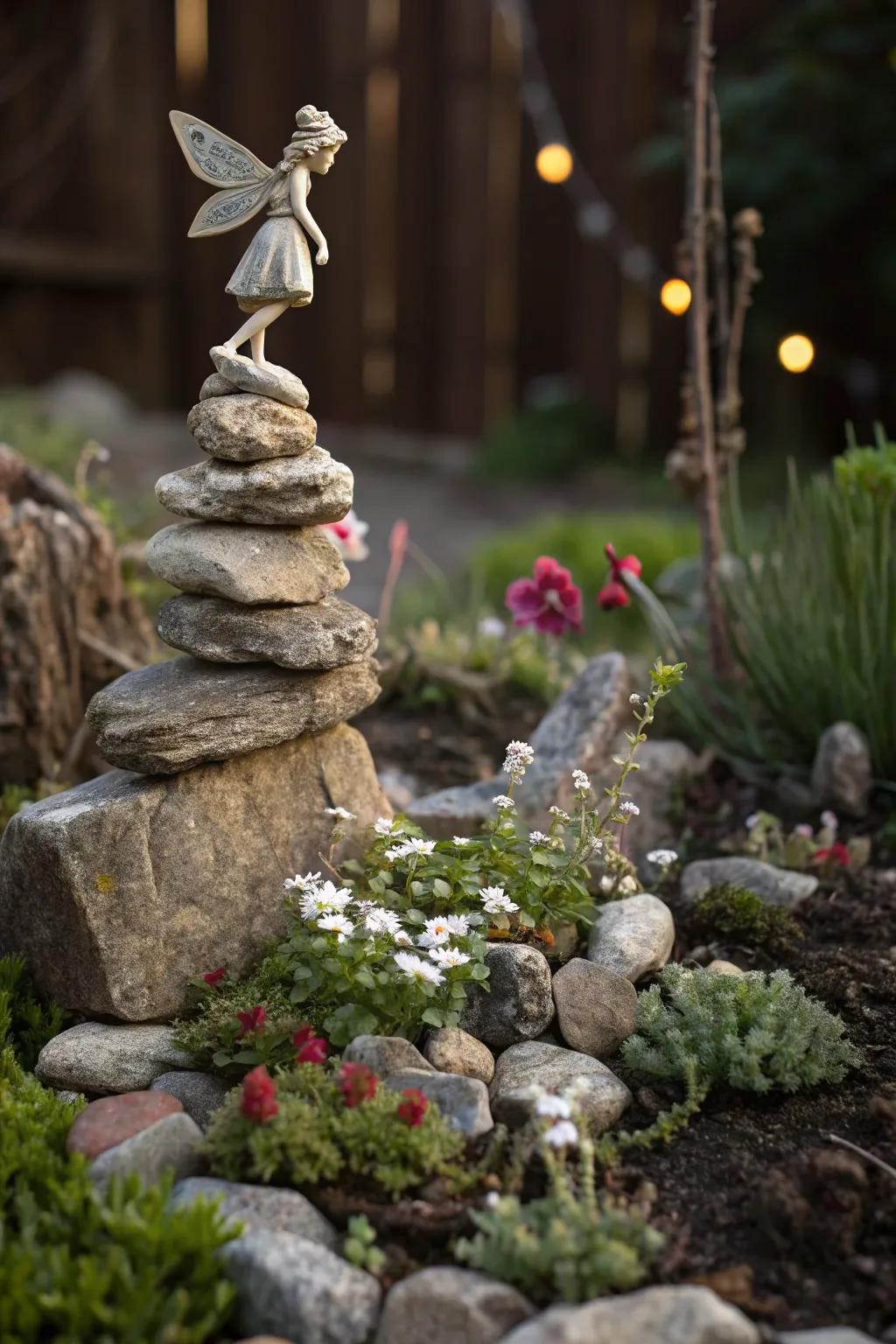 Stacked rocks with fairies create focal points in the garden.