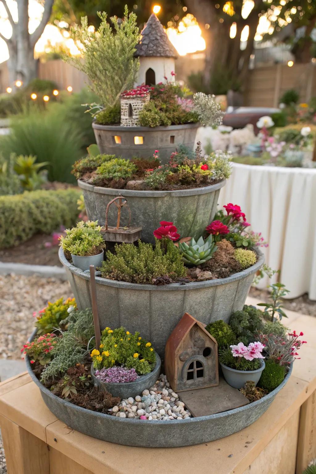 Tiered gardens add dimension and depth to fairy landscapes.