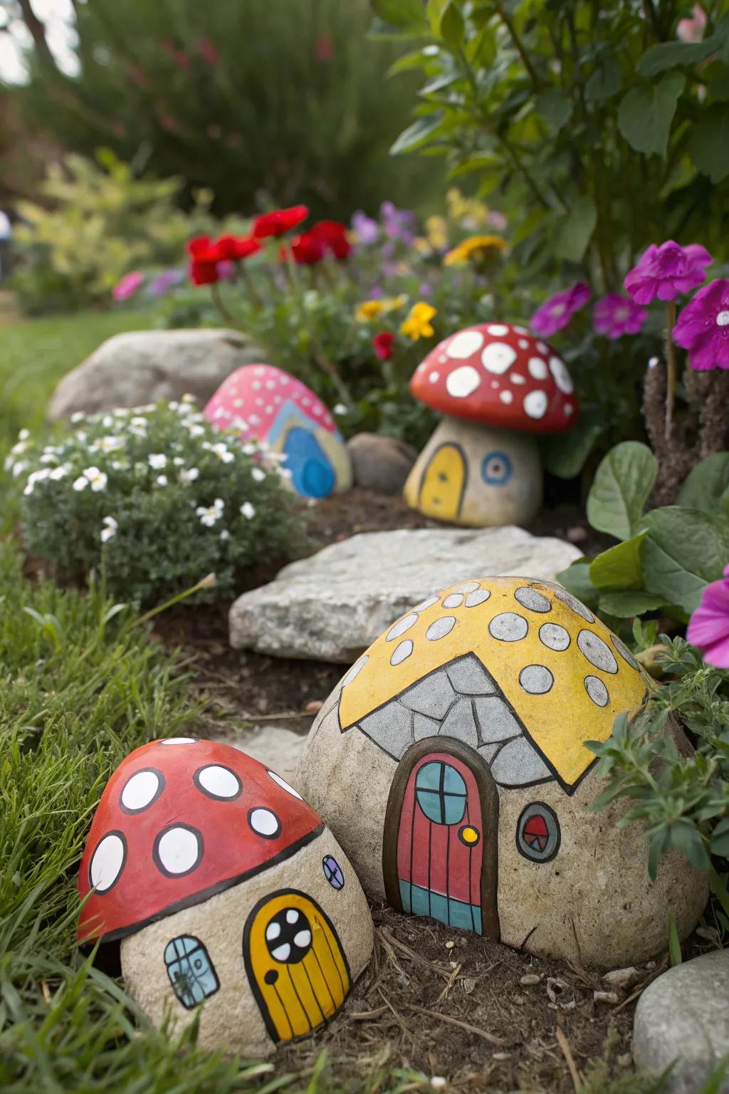 Painted rocks add personality and color to fairy gardens.