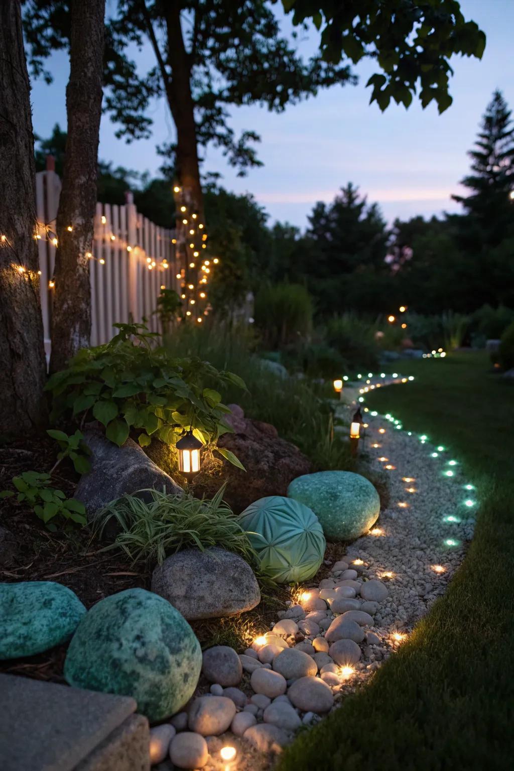 Glow-in-the-dark elements make fairy gardens magical at night.