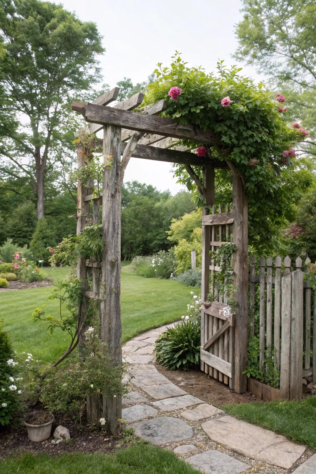 A rustic wooden arbor that exudes natural charm.
