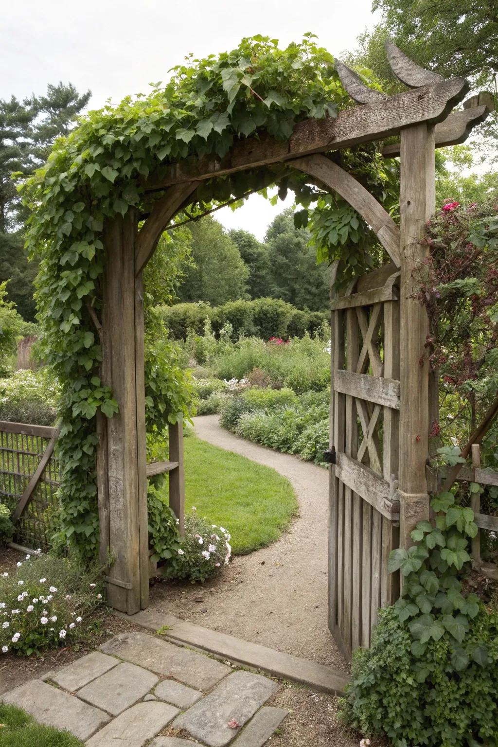 A vine-covered wooden arbor that changes with the seasons.