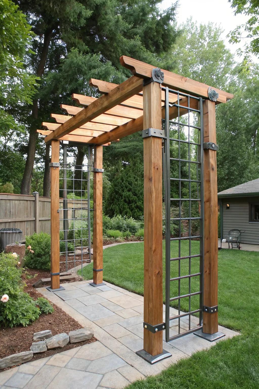 A mixed-material arbor that combines wood and metal.