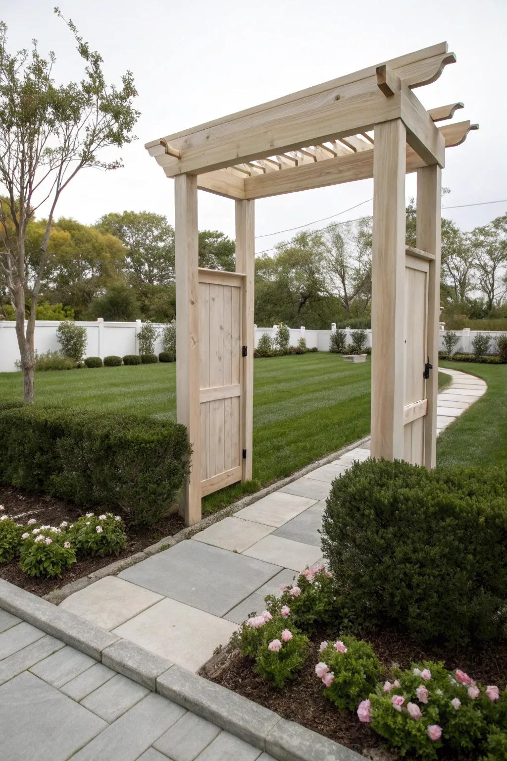 A modern minimalistic wooden arbor for contemporary gardens.