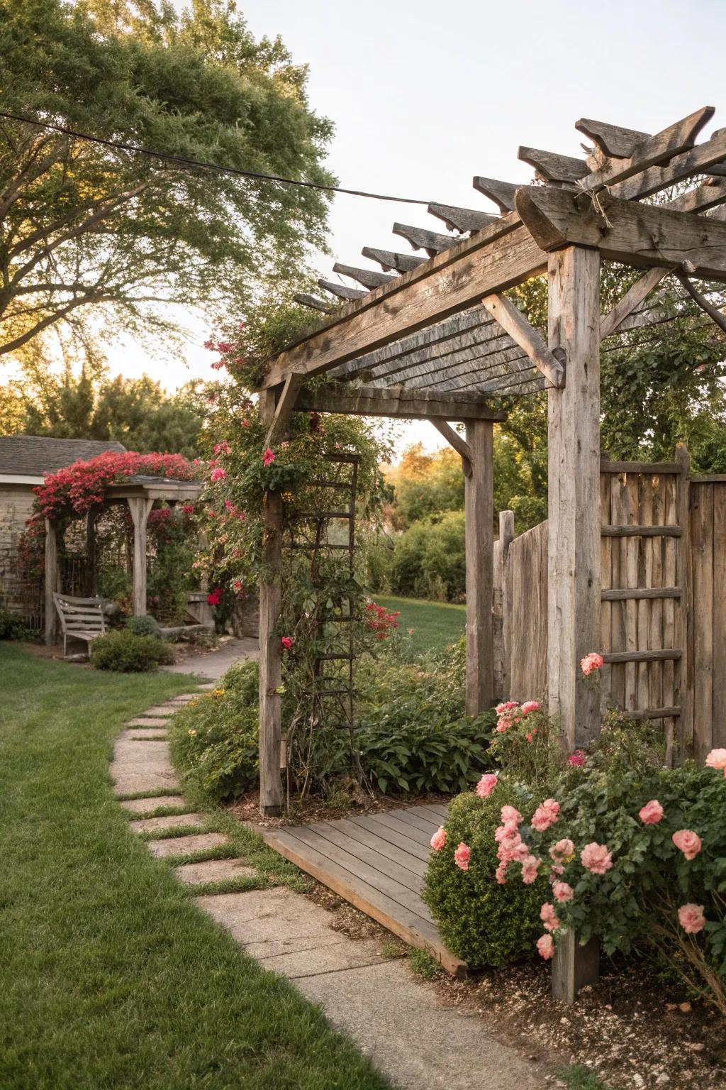 A rustic pergola integrated with a wooden arbor for extended outdoor living.
