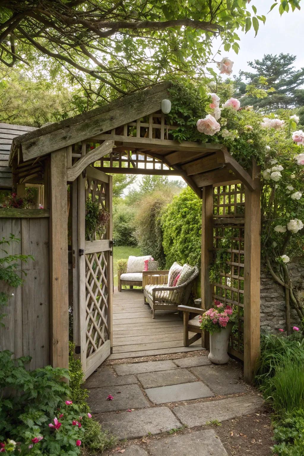 A wooden arbor gate creating a gateway to a garden room.