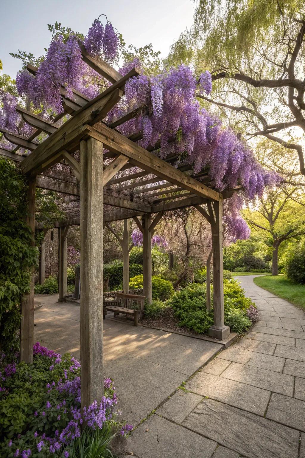 A wisteria wonderland with blooms cascading over the arbor.