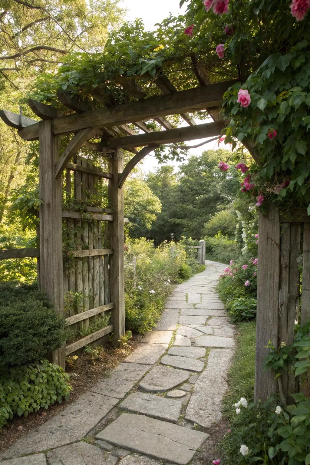A wooden arbor with an integrated stone path for a cohesive garden flow.
