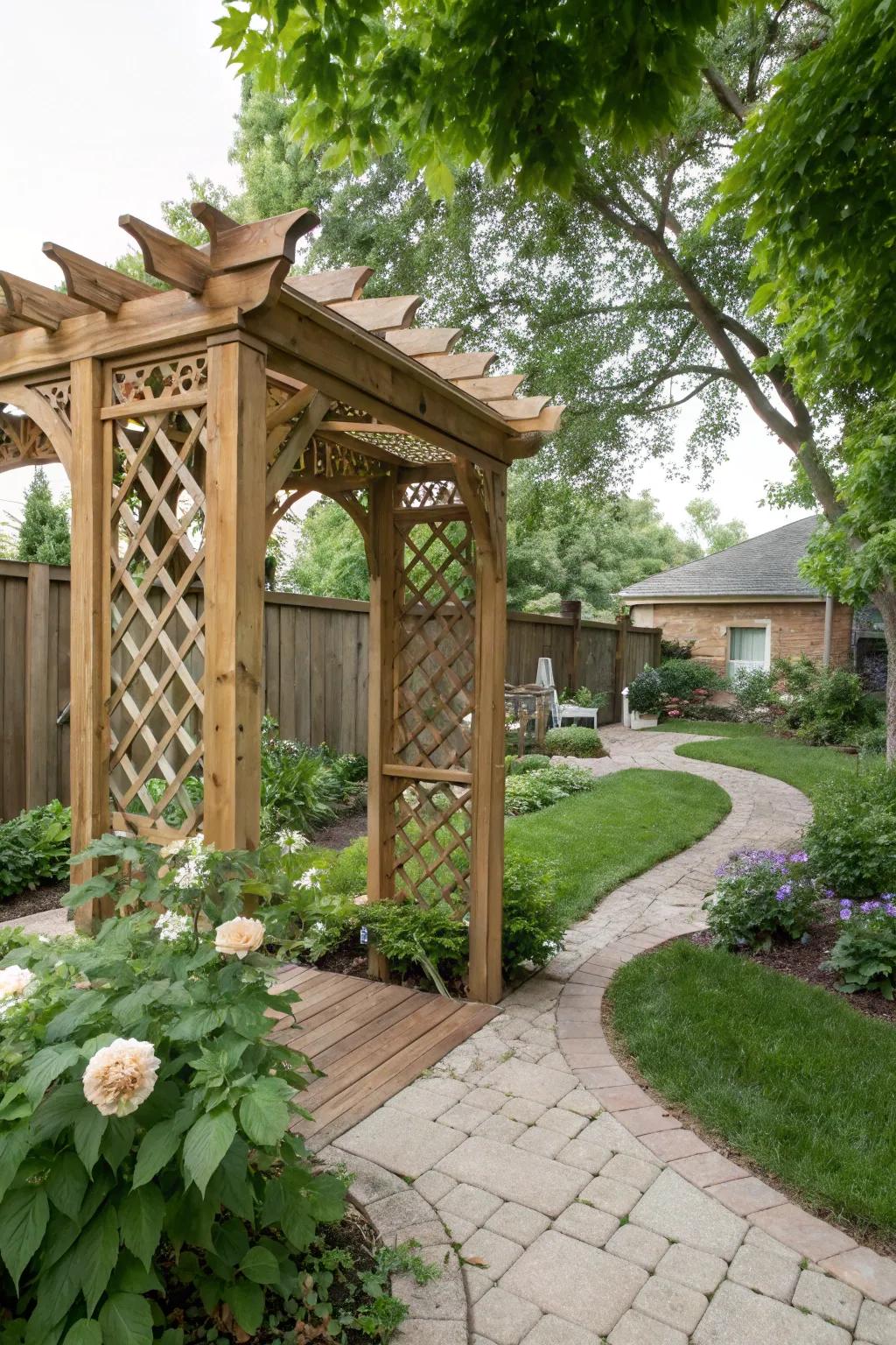 A creative lattice design on a wooden arbor.