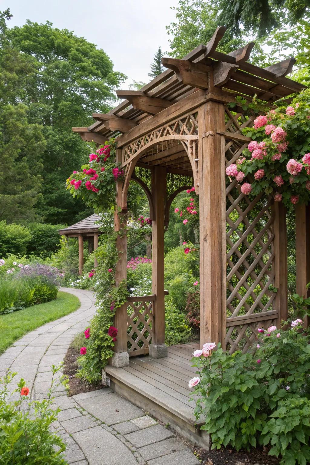 Decorative side panels enhance this wooden arbor.
