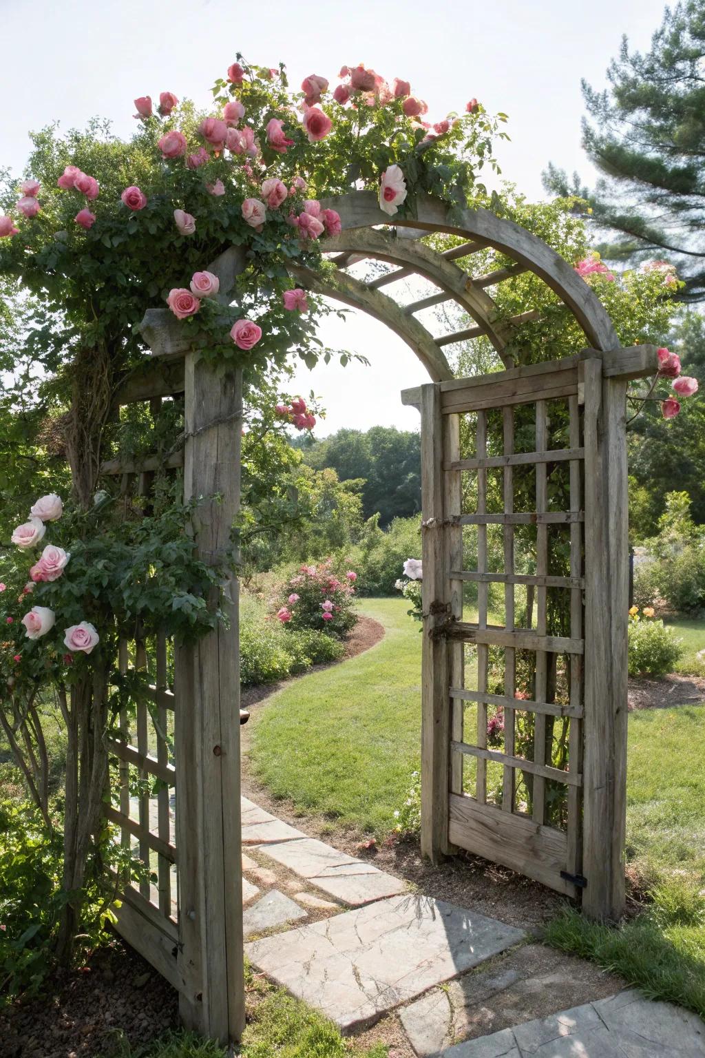 A classic arch and trellis gate adorned with beautiful roses.