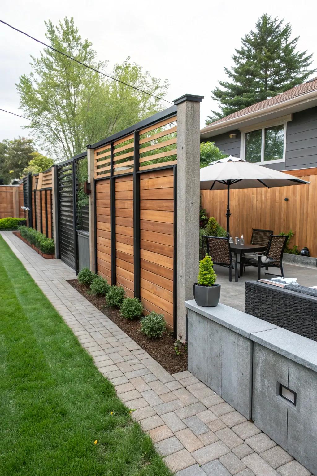 Mixed materials create a durable and visually striking fence.