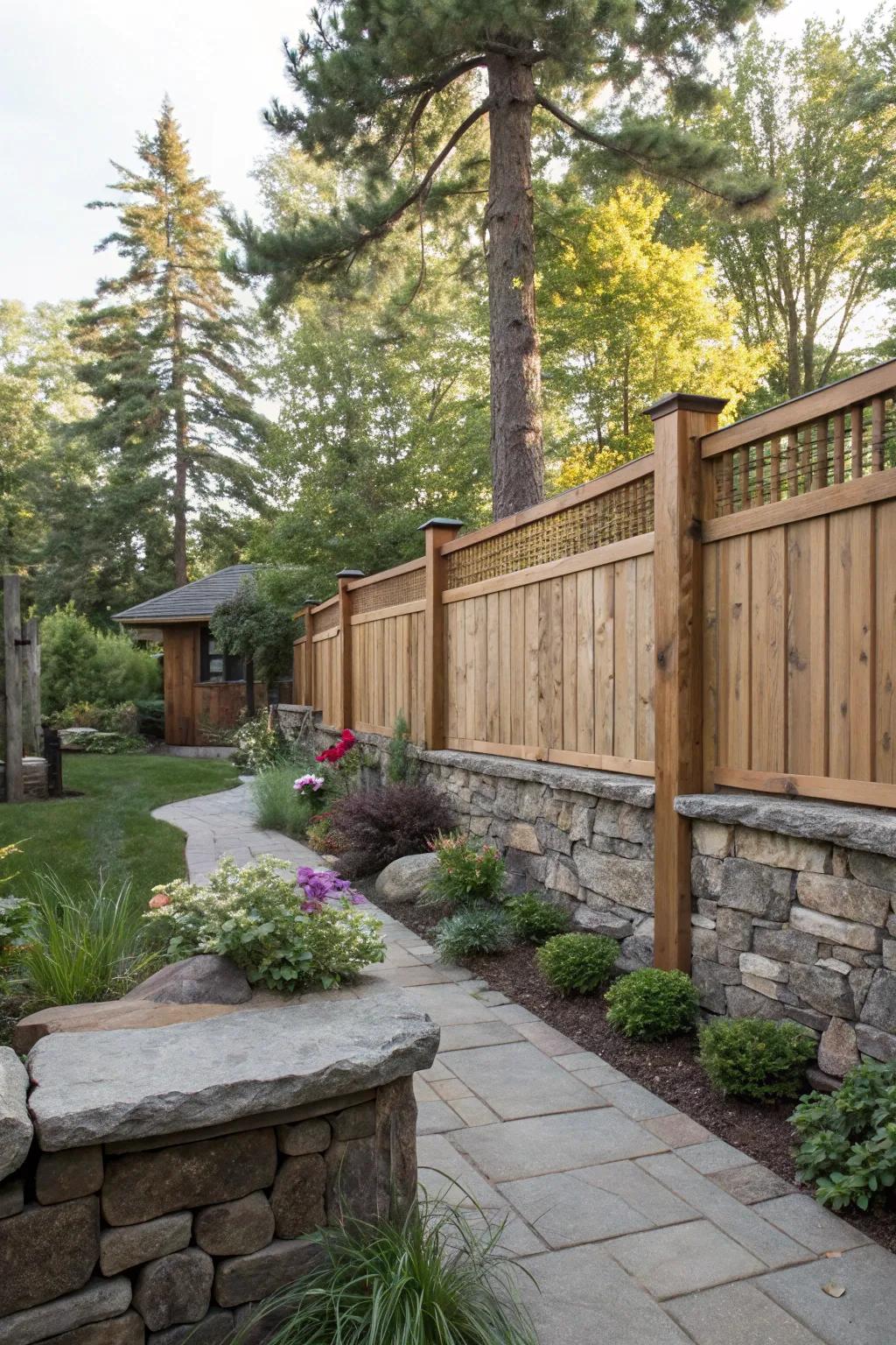 Stone and timber fences create a harmonious blend of textures.