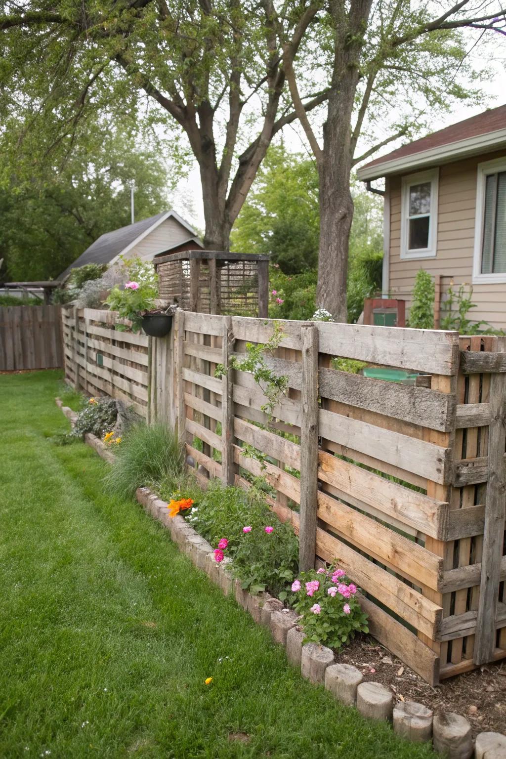 Reclaimed pallet fences offer rustic charm and sustainability.