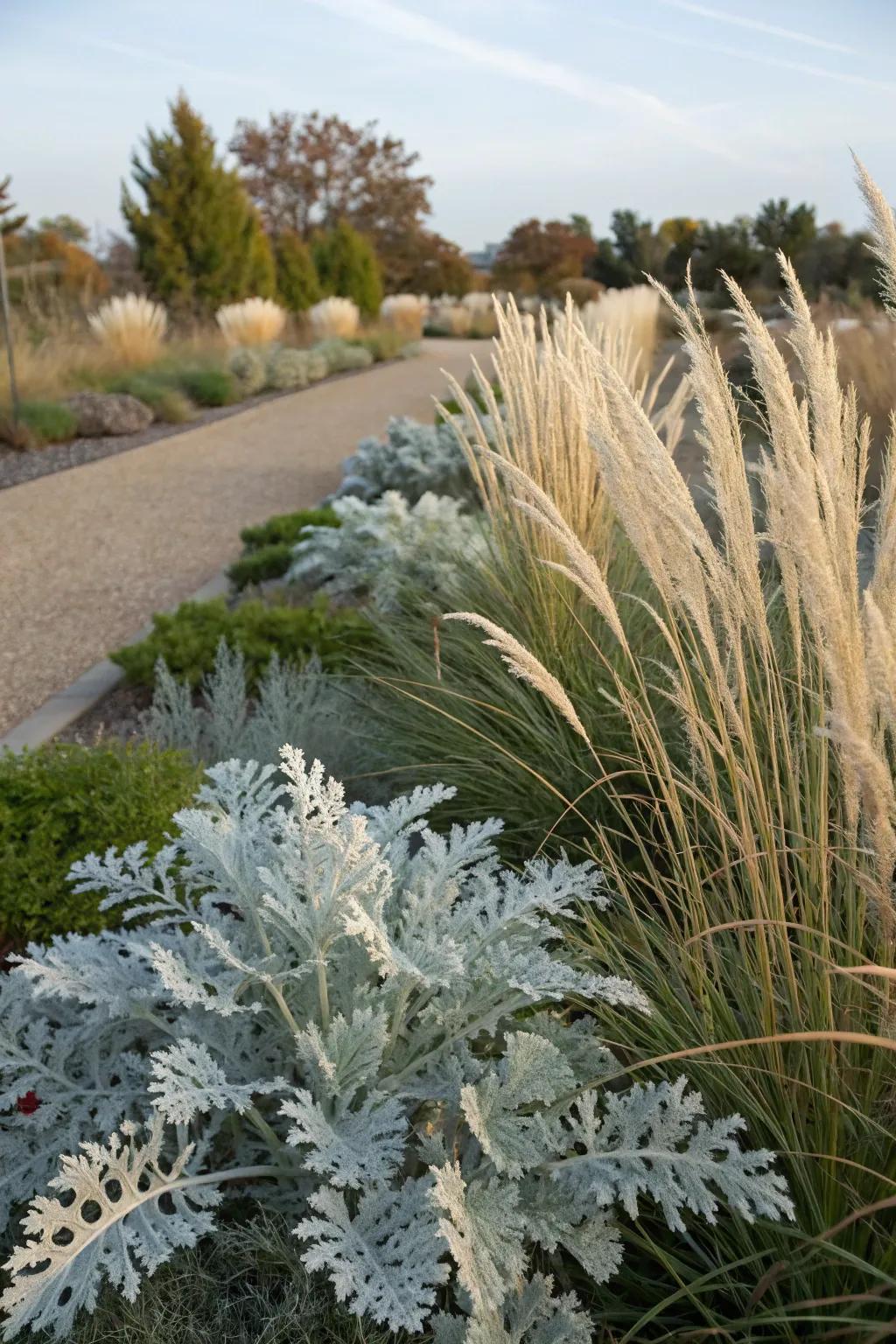 Dusty miller and grasses create a dynamic garden display.
