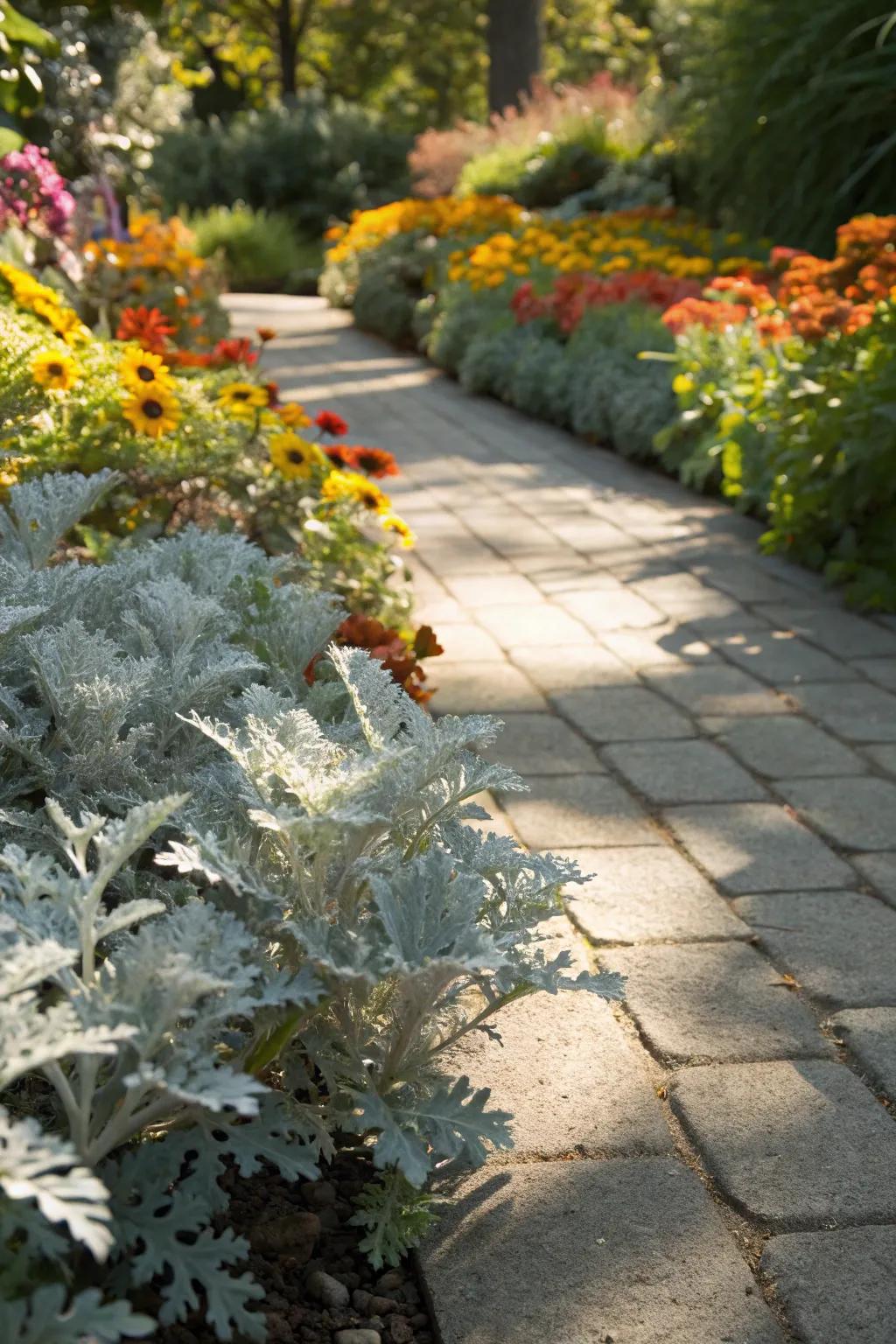 Dusty miller borders add elegance to garden pathways.