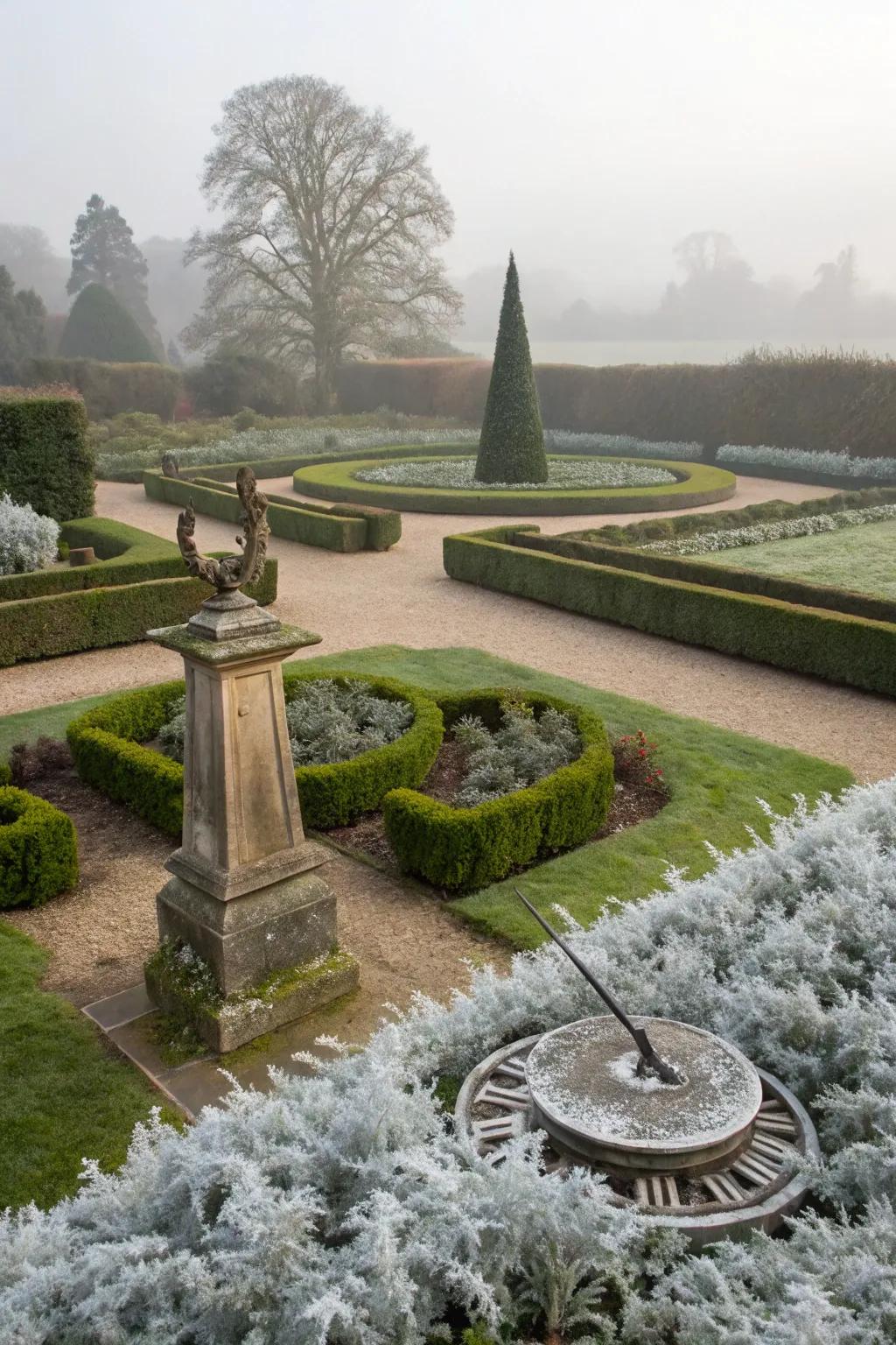 Dusty miller enhances formal garden features.