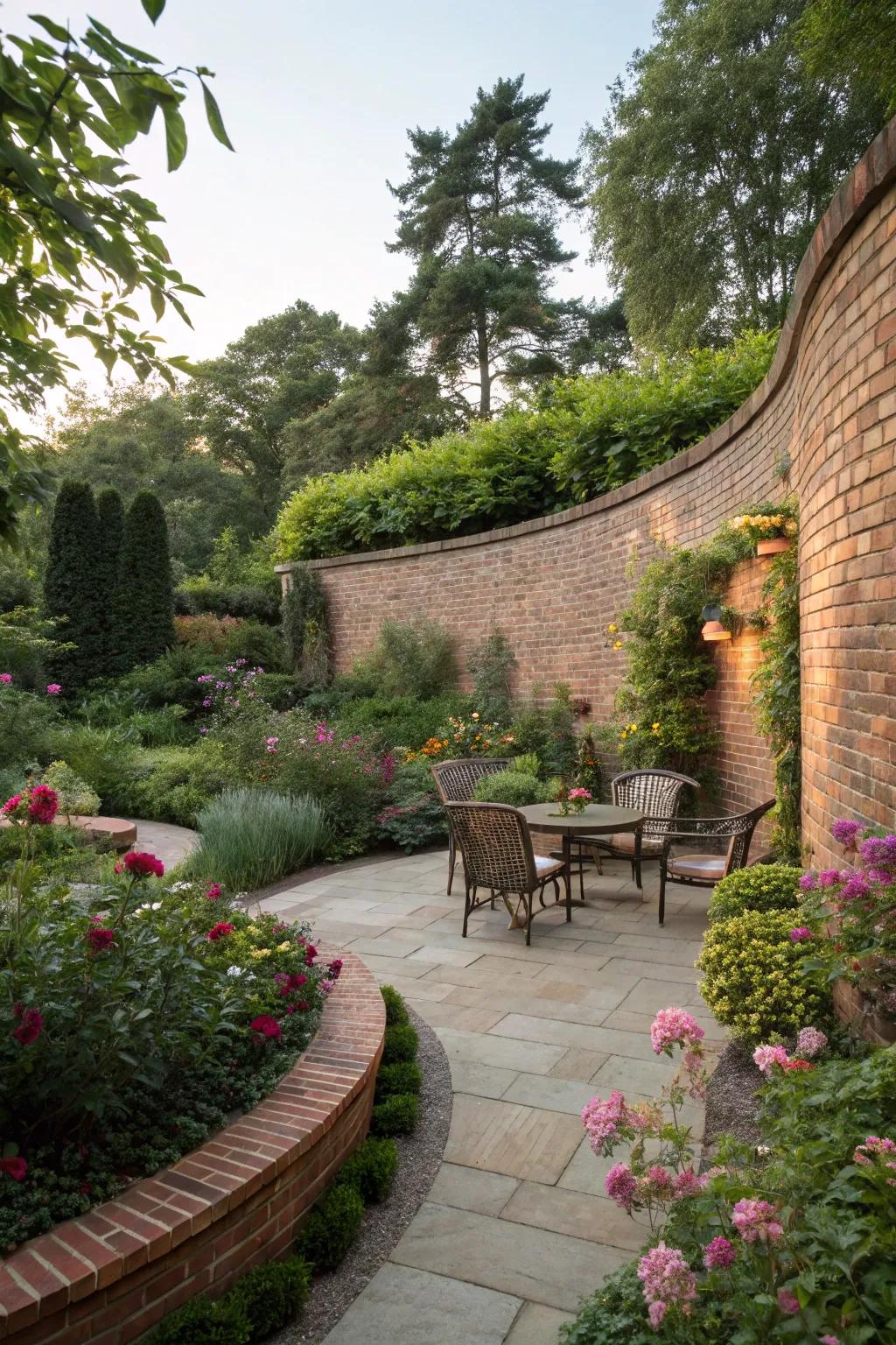 Curved brick walls elegantly guide visitors through this garden paradise.