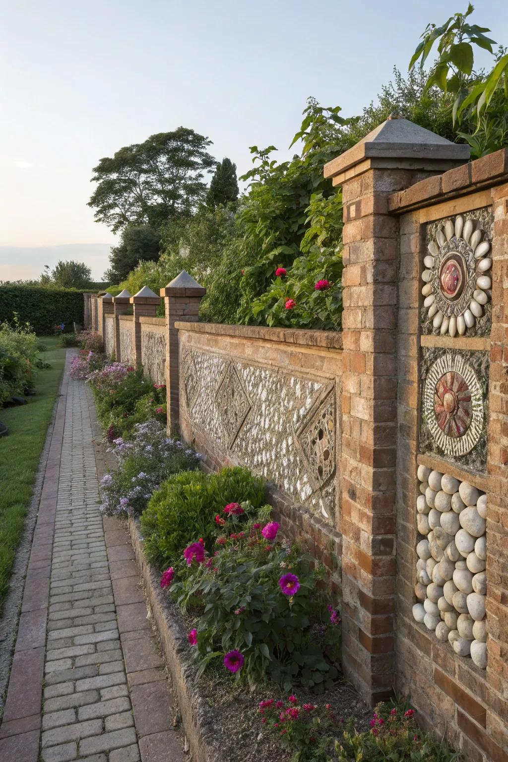 Pebble coverings add a rustic charm to sections of this brick wall.