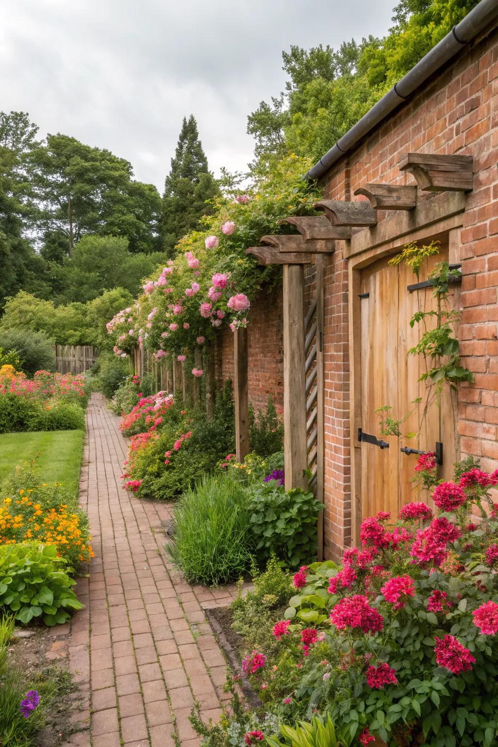 A harmonious blend of brick and wood creates a warm garden atmosphere.