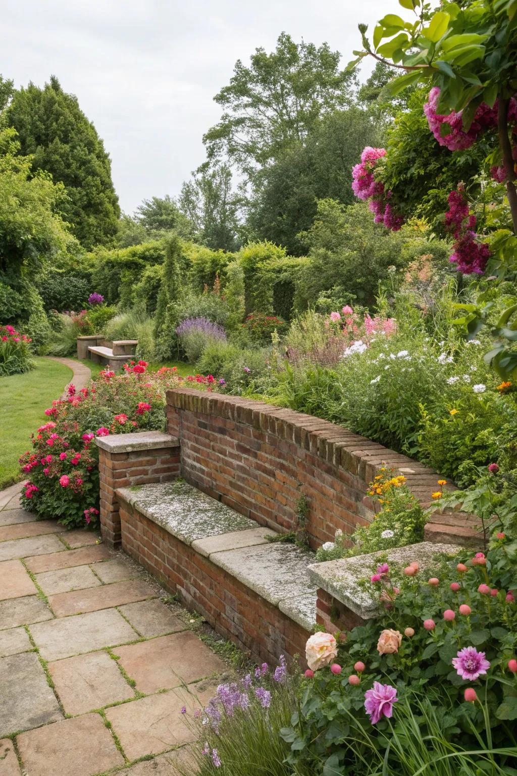 A brick seating wall provides a stylish and functional garden feature.