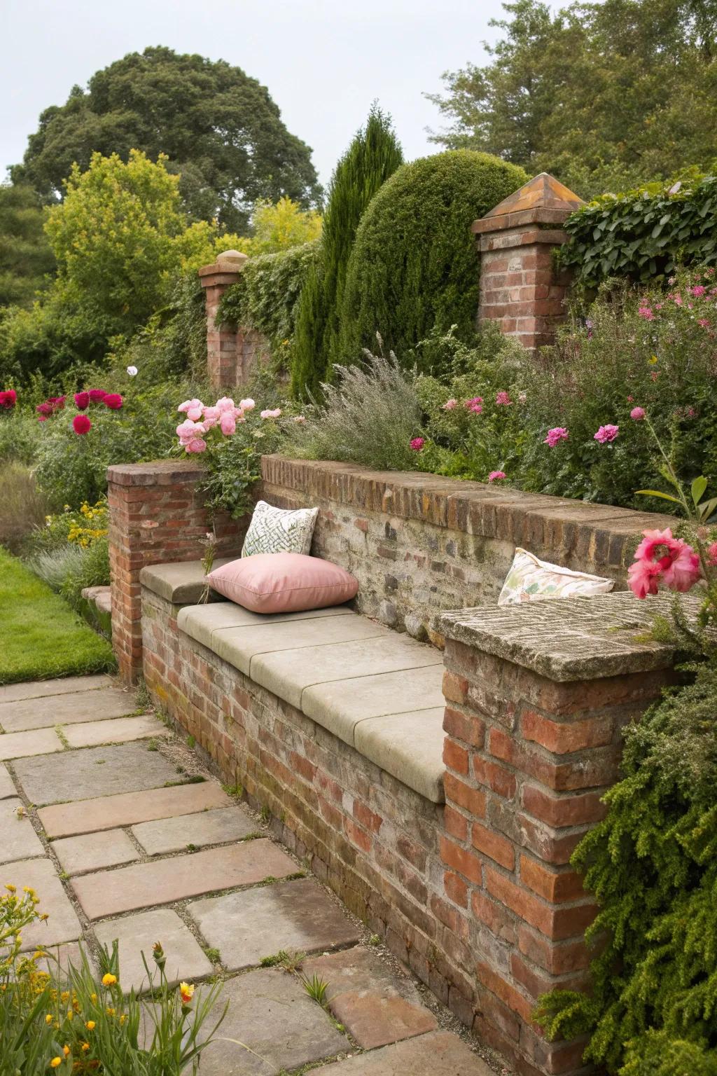 Built-in seating in a brick wall offers a cozy spot to relax and enjoy the garden.