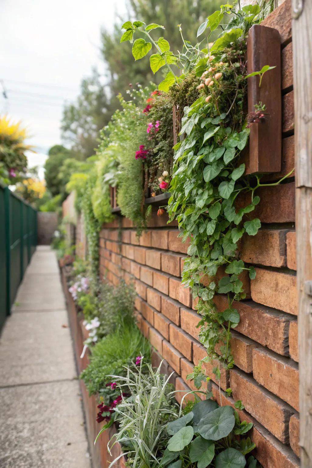 A vertical garden turns this brick wall into a living piece of art.